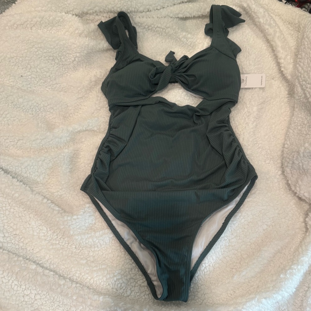 Charmo Ruffle Ribbed Cut Out Pregnancy One Piece Swimsuit Green Large Bathing